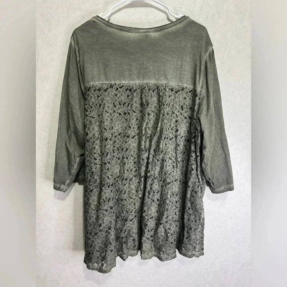 CATHERINES Women Acid Wash Faded Green Lace Vneck Pockets Blouse Tank Top Sz 2x - Picture 2 of 8